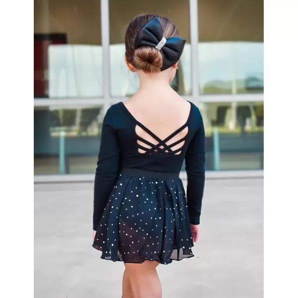 Zaclotre Ballet Leotards for Girls Long Sleeve Crisscross Back Dance Outfit with Removable Shiny Skirt Leotard ComboBlack