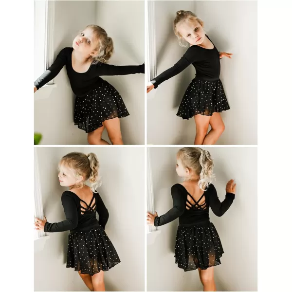 Zaclotre Ballet Leotards for Girls Long Sleeve Crisscross Back Dance Outfit with Removable Shiny Skirt Leotard ComboBlack