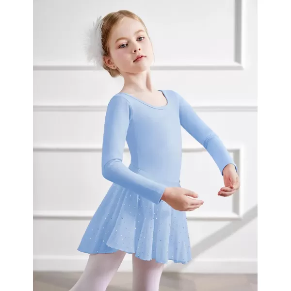 Zaclotre Ballet Leotards for Girls Long Sleeve Crisscross Back Dance Outfit with Removable Shiny Skirt Leotard ComboBlue
