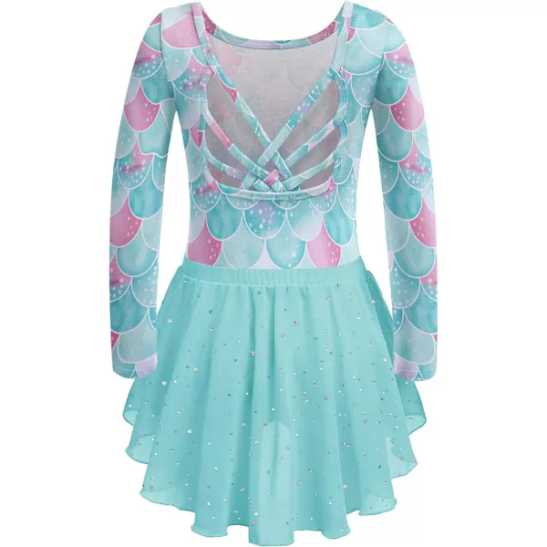 Zaclotre Ballet Leotards for Girls Long Sleeve Crisscross Back Dance Outfit with Removable Shiny Skirt Leotard ComboBlue Mermaid