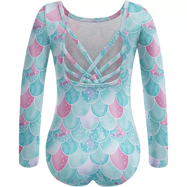 Zaclotre Ballet Leotards for Girls Long Sleeve Crisscross Back Dance Outfit with Removable Shiny Skirt Leotard ComboBlue Mermaid