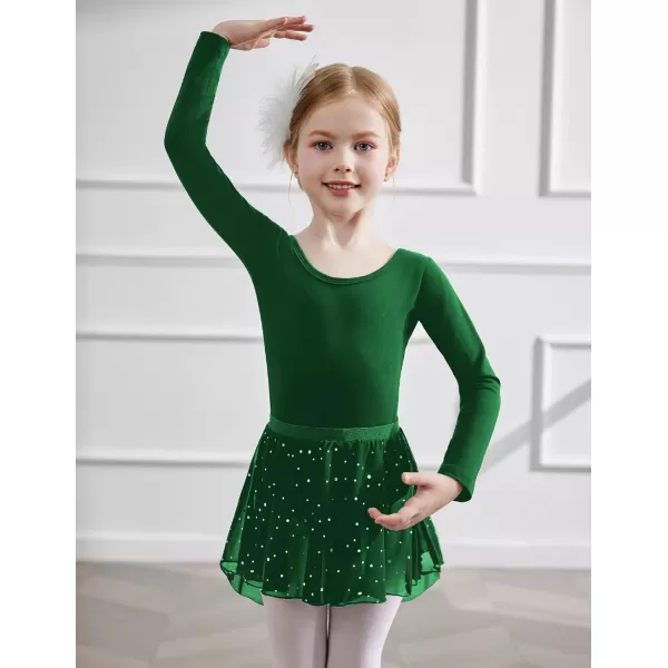 Zaclotre Ballet Leotards for Girls Long Sleeve Crisscross Back Dance Outfit with Removable Shiny Skirt Leotard ComboDark Green