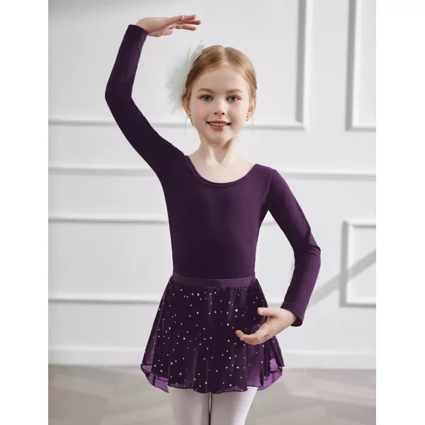 Zaclotre Ballet Leotards for Girls Long Sleeve Crisscross Back Dance Outfit with Removable Shiny Skirt Leotard ComboDark Purple