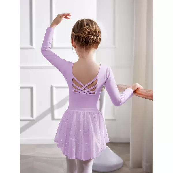 Zaclotre Ballet Leotards for Girls Long Sleeve Crisscross Back Dance Outfit with Removable Shiny Skirt Leotard ComboLilac