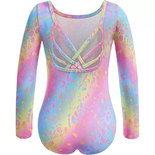 Zaclotre Ballet Leotards for Girls Long Sleeve Crisscross Back Dance Outfit with Removable Shiny Skirt Leotard ComboRainbow Leopard