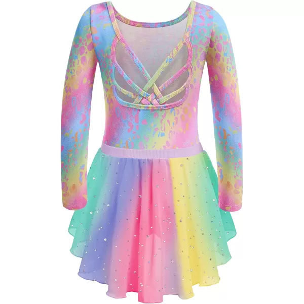Zaclotre Ballet Leotards for Girls Long Sleeve Crisscross Back Dance Outfit with Removable Shiny Skirt Leotard ComboRainbow Leopard