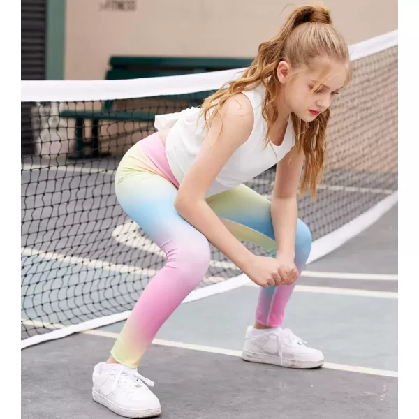 Zaclotre Girls Athletic Leggings Kids High Waist Yoga Pants Tennis Runnig Workout Footless Active Legging PantsRainbow02