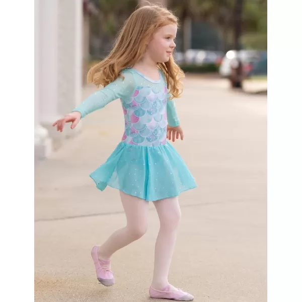Zaclotre Girls Ballet Leotard Long Sleeve Ballerina Outfits Clothes Shiny Hi Low Skirt Dance Dress for 311 YearsMermaid Print