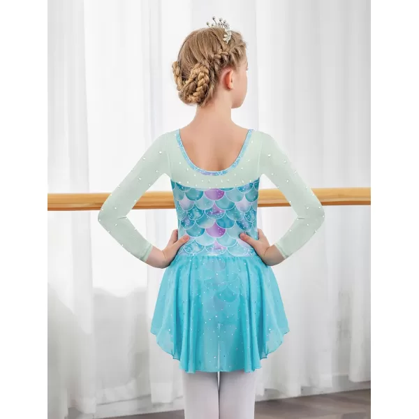 Zaclotre Girls Ballet Leotard Long Sleeve Ballerina Outfits Clothes Shiny Hi Low Skirt Dance Dress for 311 YearsMermaid Print