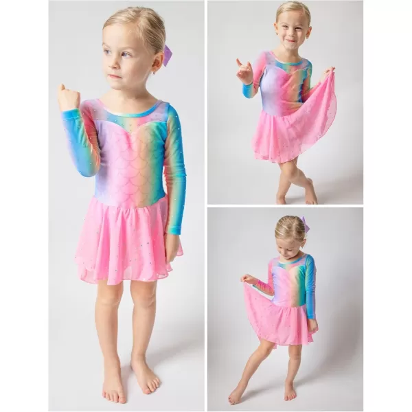 Zaclotre Girls Ballet Leotard Long Sleeve Ballerina Outfits Clothes Shiny Hi Low Skirt Dance Dress for 311 YearsRainbow Mermaid