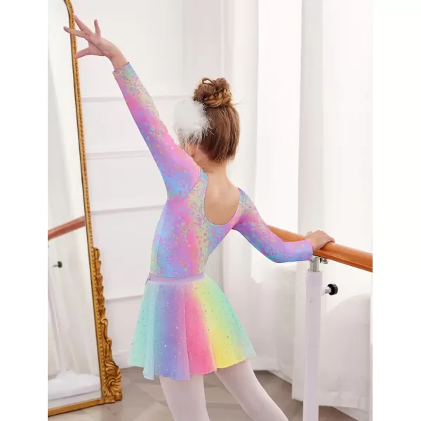 Zaclotre Girls Ballet Leotards 2Pcs Long Sleeve Shiny Squins Dance Dresses Toddler Ballerina Outfit for 311YRainbow Leopard