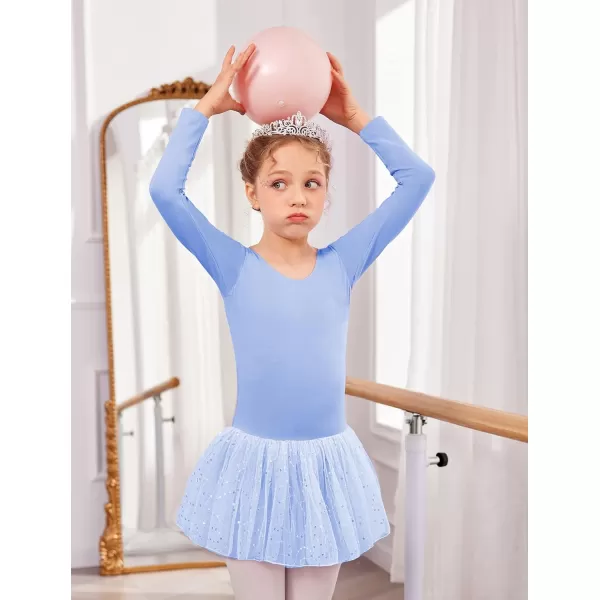 Zaclotre Girls Ballet Long Sleeve Skirted Leotards with Tutus Skirt Dance Dress Ballerina OutfitsBlueBow Back