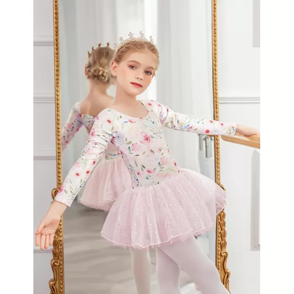 Zaclotre Girls Ballet Long Sleeve Skirted Leotards with Tutus Skirt Dance Dress Ballerina OutfitsFloral