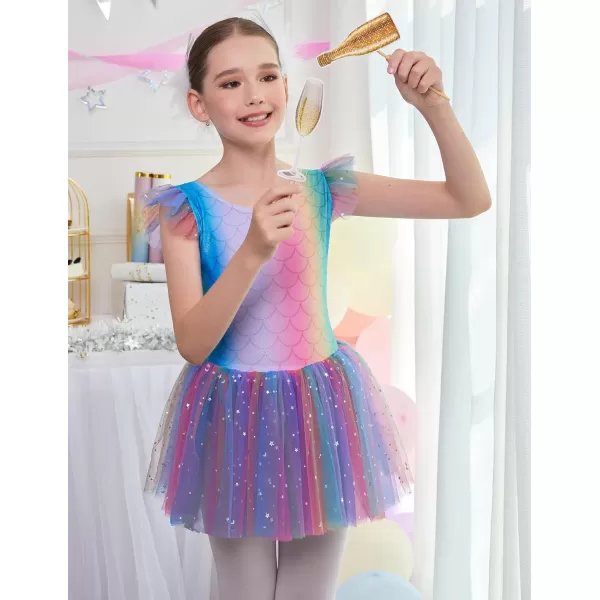 Zaclotre Girls Ballet Ruffle Short Sleeve Skirted Leotards with Tutus Skirt Dance Dress Ballerina OutfitsZrainbow Print