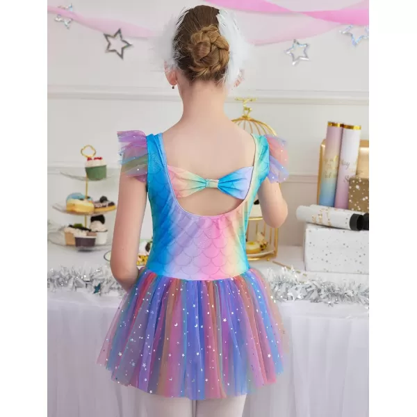 Zaclotre Girls Ballet Ruffle Short Sleeve Skirted Leotards with Tutus Skirt Dance Dress Ballerina OutfitsZrainbow Print