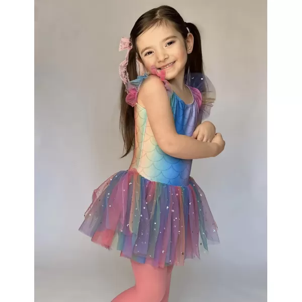 Zaclotre Girls Ballet Ruffle Short Sleeve Skirted Leotards with Tutus Skirt Dance Dress Ballerina OutfitsZrainbow Print