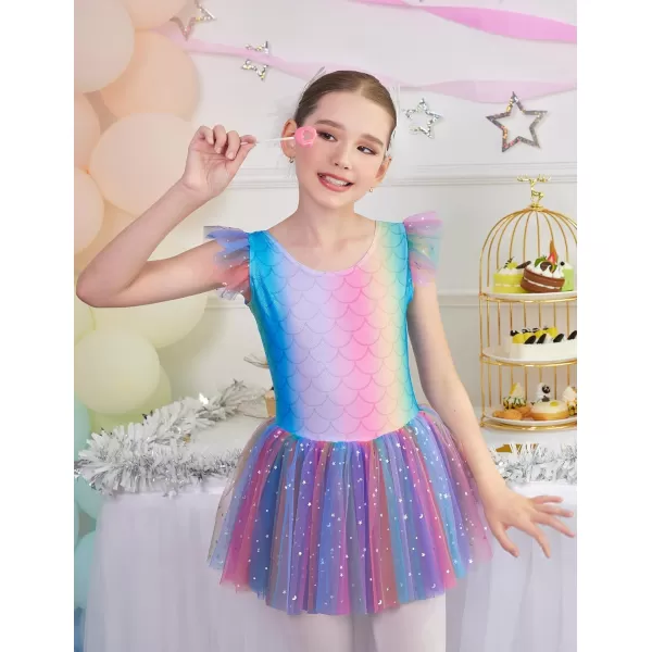 Zaclotre Girls Ballet Ruffle Short Sleeve Skirted Leotards with Tutus Skirt Dance Dress Ballerina OutfitsZrainbow Print
