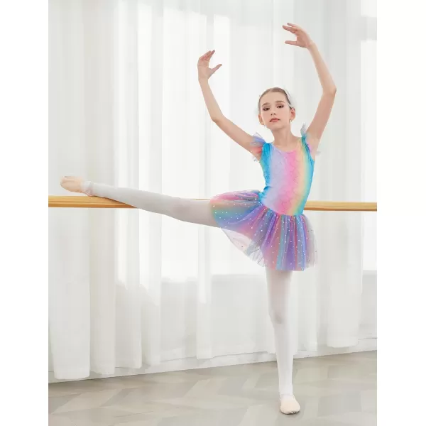 Zaclotre Girls Ballet Ruffle Short Sleeve Skirted Leotards with Tutus Skirt Dance Dress Ballerina OutfitsZrainbow Print
