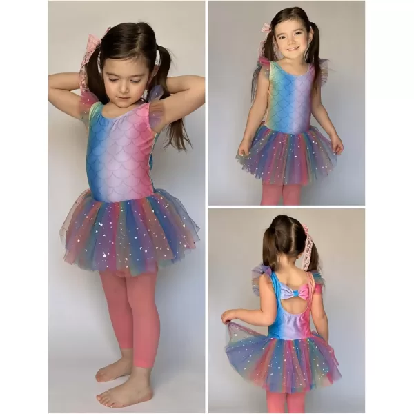 Zaclotre Girls Ballet Ruffle Short Sleeve Skirted Leotards with Tutus Skirt Dance Dress Ballerina OutfitsZrainbow Print