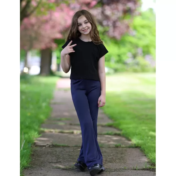 Zaclotre Girls Flare Leggings High Waisted V Crossover Casual Yoga Bell Bottoms with Pockets Pants for KidNavy Blue