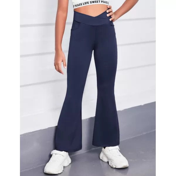 Zaclotre Girls Flare Leggings High Waisted V Crossover Casual Yoga Bell Bottoms with Pockets Pants for KidNavy Blue