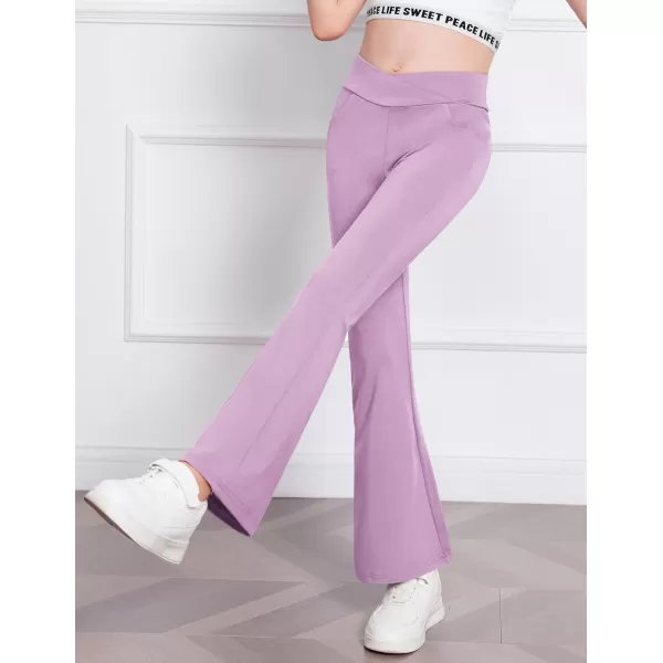 Zaclotre Girls Flare Leggings High Waisted V Crossover Casual Yoga Bell Bottoms with Pockets Pants for KidPurple