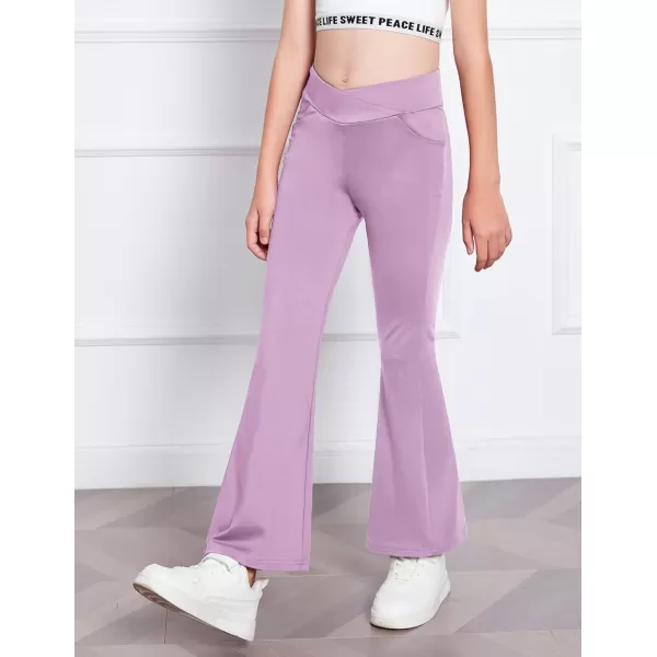 Zaclotre Girls Flare Leggings High Waisted V Crossover Casual Yoga Bell Bottoms with Pockets Pants for KidPurple