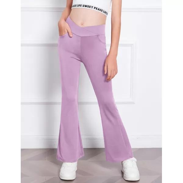 Zaclotre Girls Flare Leggings High Waisted V Crossover Casual Yoga Bell Bottoms with Pockets Pants for KidPurple