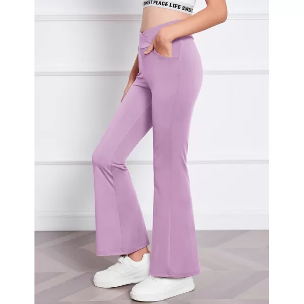 Zaclotre Girls Flare Leggings High Waisted V Crossover Casual Yoga Bell Bottoms with Pockets Pants for KidPurple