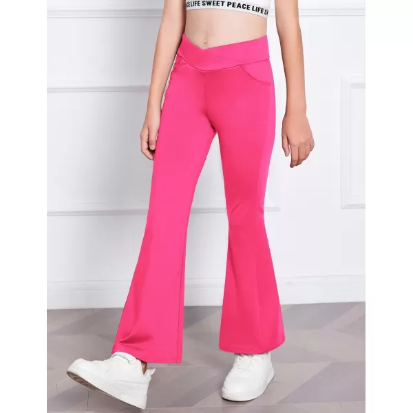 Zaclotre Girls Flare Leggings High Waisted V Crossover Casual Yoga Bell Bottoms with Pockets Pants for KidRose Pink