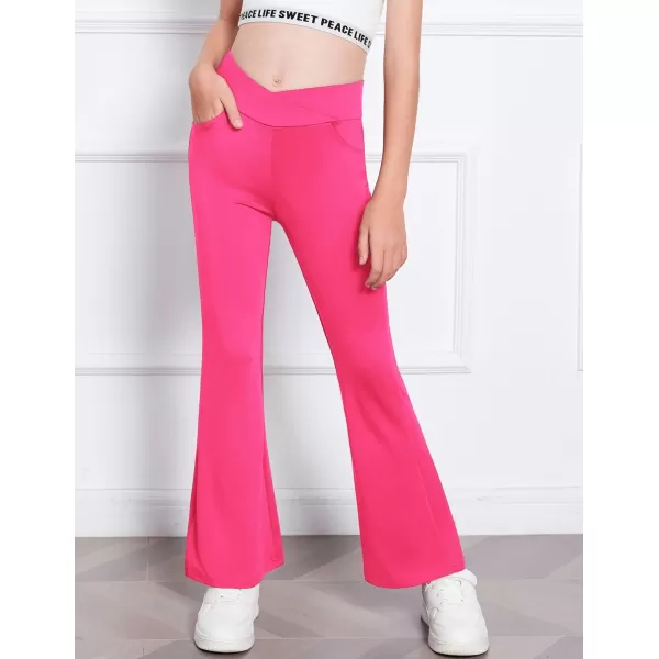 Zaclotre Girls Flare Leggings High Waisted V Crossover Casual Yoga Bell Bottoms with Pockets Pants for KidRose Pink
