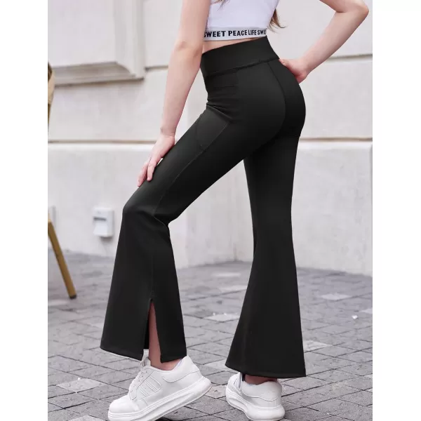 Zaclotre Girls Flare Leggings with Split Hem Cross High Waist Yoga Bootcut Athletic Kid Bell Bottom Pants with PocketsBlack