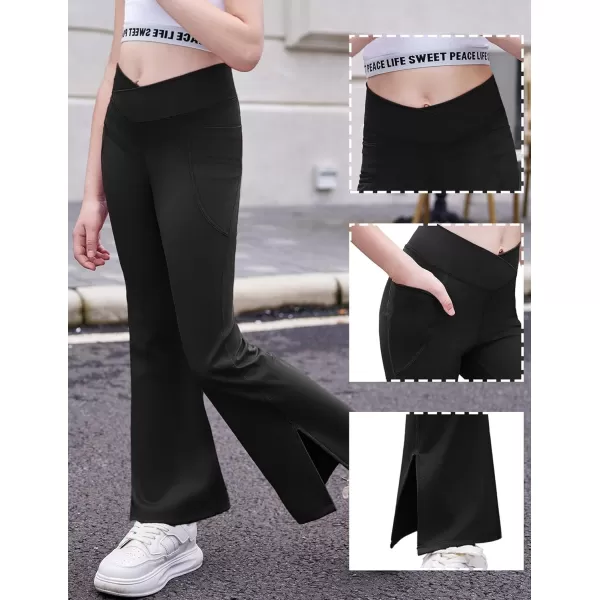 Zaclotre Girls Flare Leggings with Split Hem Cross High Waist Yoga Bootcut Athletic Kid Bell Bottom Pants with PocketsBlack