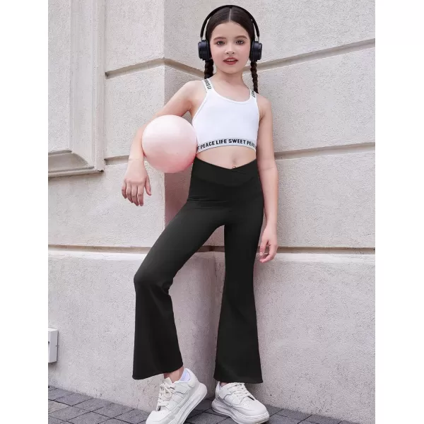Zaclotre Girls Flare Leggings with Split Hem Cross High Waist Yoga Bootcut Athletic Kid Bell Bottom Pants with PocketsBlack