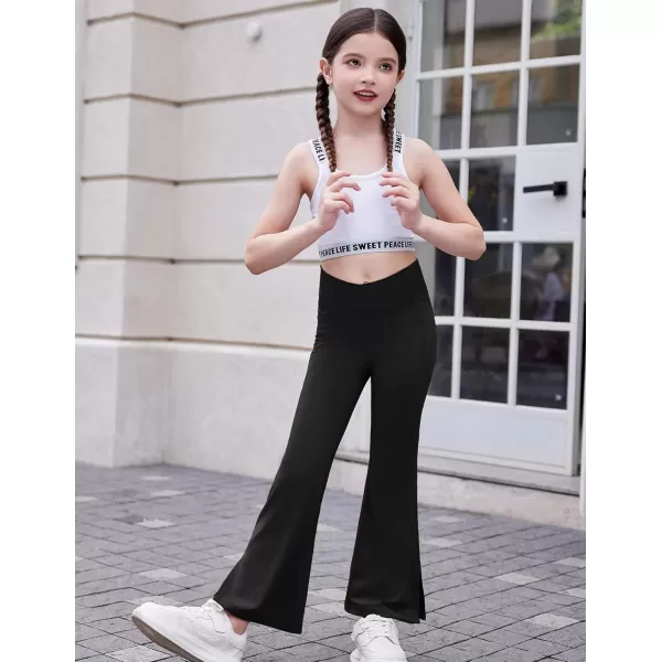 Zaclotre Girls Flare Leggings with Split Hem Cross High Waist Yoga Bootcut Athletic Kid Bell Bottom Pants with PocketsBlack