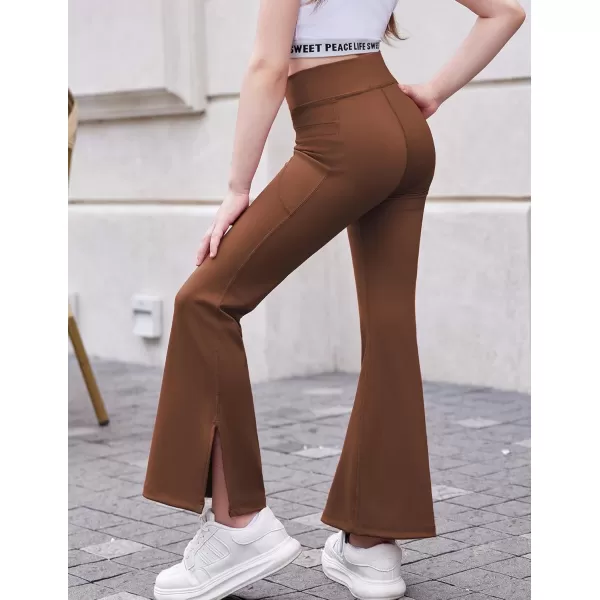 Zaclotre Girls Flare Leggings with Split Hem Cross High Waist Yoga Bootcut Athletic Kid Bell Bottom Pants with PocketsBrown