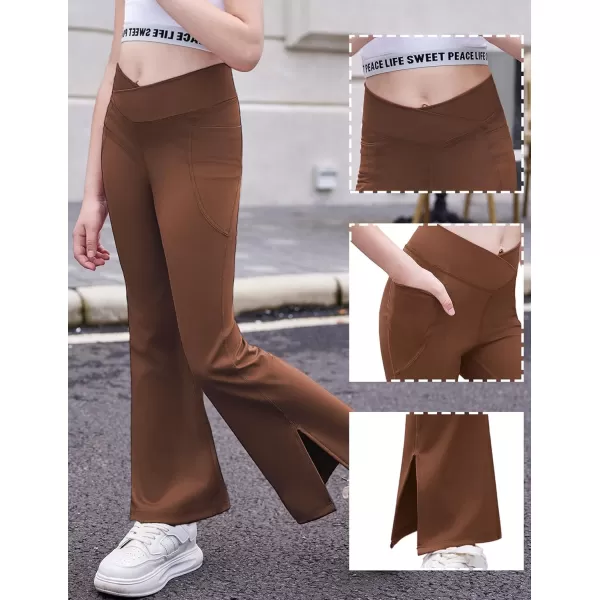 Zaclotre Girls Flare Leggings with Split Hem Cross High Waist Yoga Bootcut Athletic Kid Bell Bottom Pants with PocketsBrown