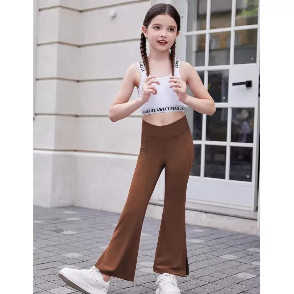 Zaclotre Girls Flare Leggings with Split Hem Cross High Waist Yoga Bootcut Athletic Kid Bell Bottom Pants with PocketsBrown