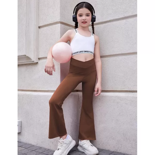 Zaclotre Girls Flare Leggings with Split Hem Cross High Waist Yoga Bootcut Athletic Kid Bell Bottom Pants with PocketsBrown