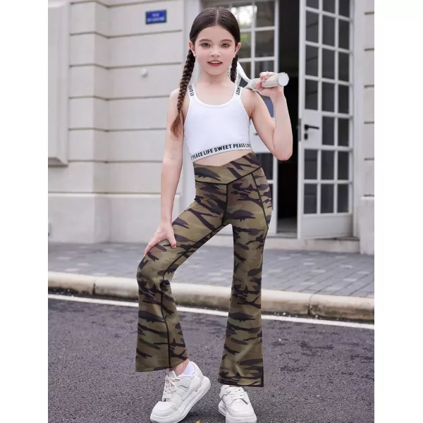 Zaclotre Girls Flare Leggings with Split Hem Cross High Waist Yoga Bootcut Athletic Kid Bell Bottom Pants with PocketsCamouflage