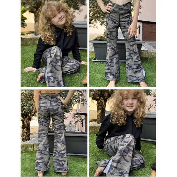 Zaclotre Girls Flare Leggings with Split Hem Cross High Waist Yoga Bootcut Athletic Kid Bell Bottom Pants with PocketsCamouflage
