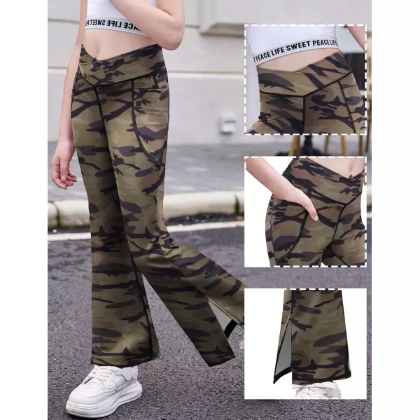 Zaclotre Girls Flare Leggings with Split Hem Cross High Waist Yoga Bootcut Athletic Kid Bell Bottom Pants with PocketsCamouflage