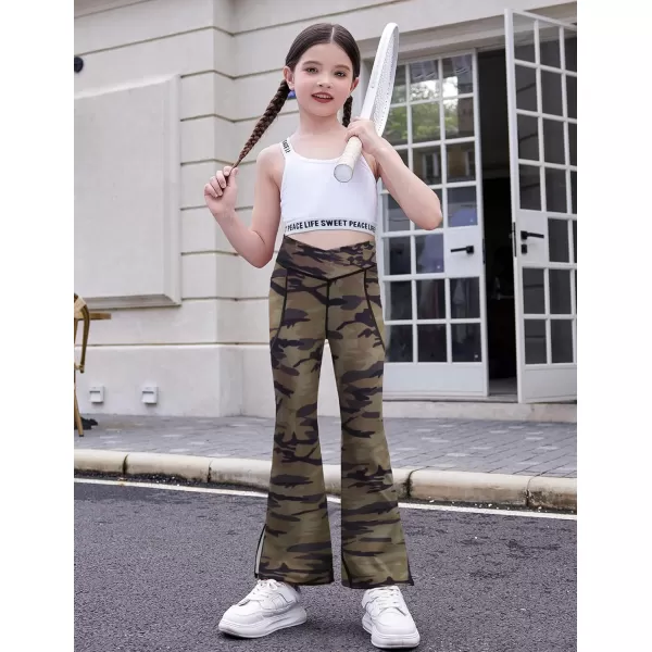 Zaclotre Girls Flare Leggings with Split Hem Cross High Waist Yoga Bootcut Athletic Kid Bell Bottom Pants with PocketsCamouflage