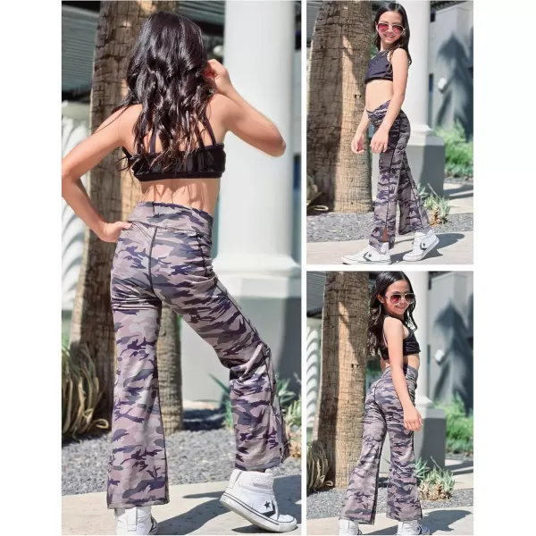 Zaclotre Girls Flare Leggings with Split Hem Cross High Waist Yoga Bootcut Athletic Kid Bell Bottom Pants with PocketsCamouflage