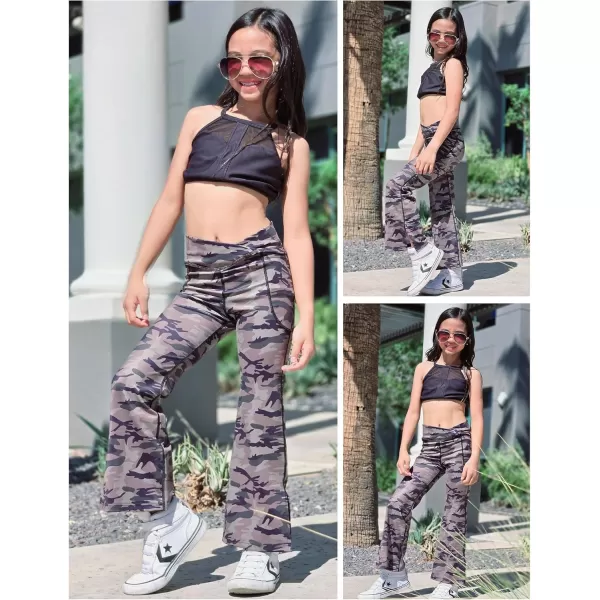 Zaclotre Girls Flare Leggings with Split Hem Cross High Waist Yoga Bootcut Athletic Kid Bell Bottom Pants with PocketsCamouflage