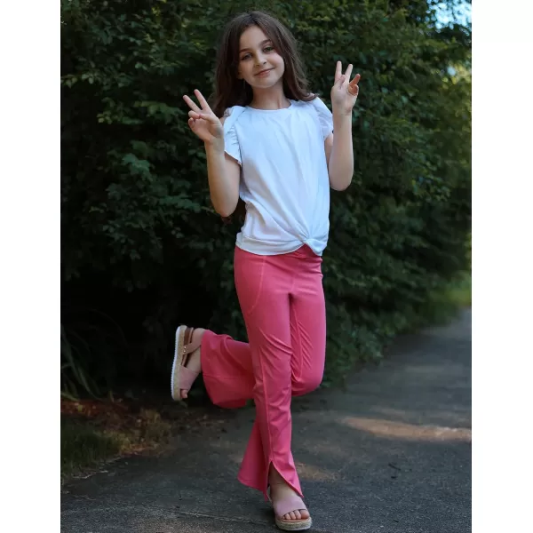 Zaclotre Girls Flare Leggings with Split Hem Cross High Waist Yoga Bootcut Athletic Kid Bell Bottom Pants with PocketsHot Pink