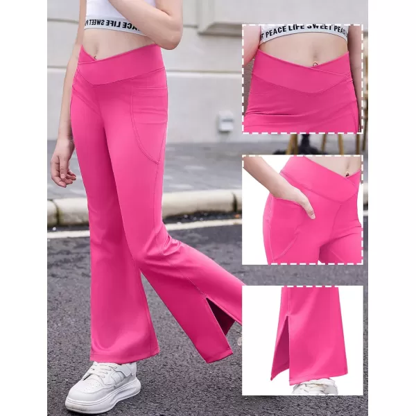 Zaclotre Girls Flare Leggings with Split Hem Cross High Waist Yoga Bootcut Athletic Kid Bell Bottom Pants with PocketsHot Pink