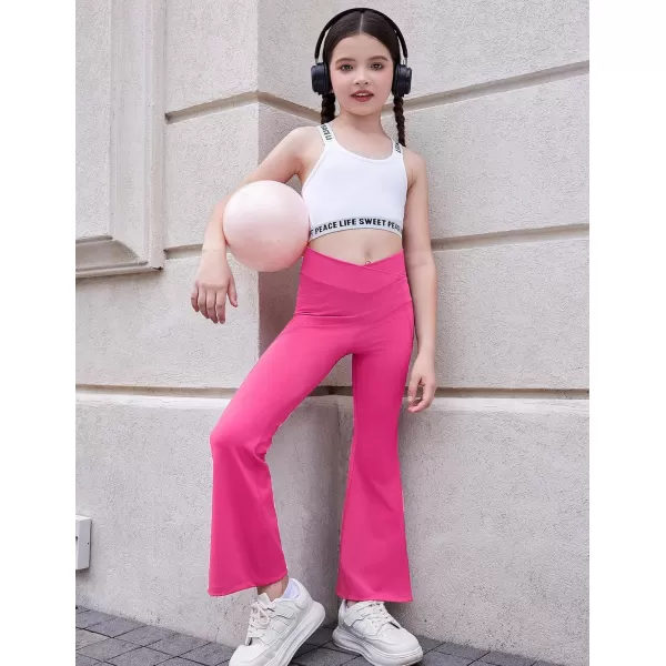 Zaclotre Girls Flare Leggings with Split Hem Cross High Waist Yoga Bootcut Athletic Kid Bell Bottom Pants with PocketsHot Pink