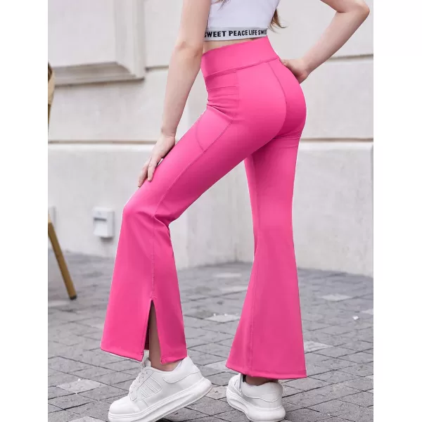 Zaclotre Girls Flare Leggings with Split Hem Cross High Waist Yoga Bootcut Athletic Kid Bell Bottom Pants with PocketsHot Pink