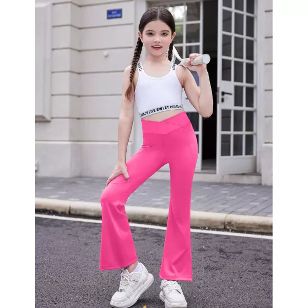 Zaclotre Girls Flare Leggings with Split Hem Cross High Waist Yoga Bootcut Athletic Kid Bell Bottom Pants with PocketsHot Pink